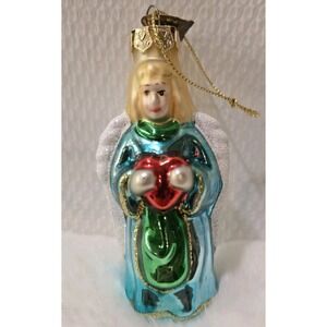 Vintage Pacconi Blown Glass Angel Christmas Ornament White Wings Red Heart Crown